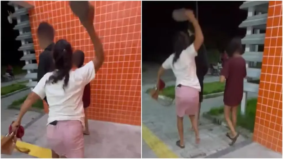 Mãe tira filho da delegacia a chineladas após ele ser preso com drogas e fazer símbolo de facção — Foto: TV Verdes Mares/Reprodução